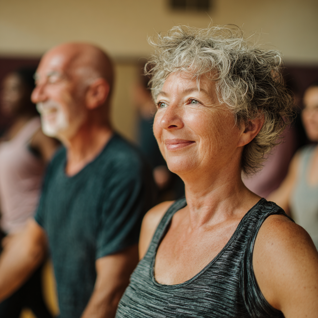 Middle-aged and older adults practicing mindful movement in a supportive community setting