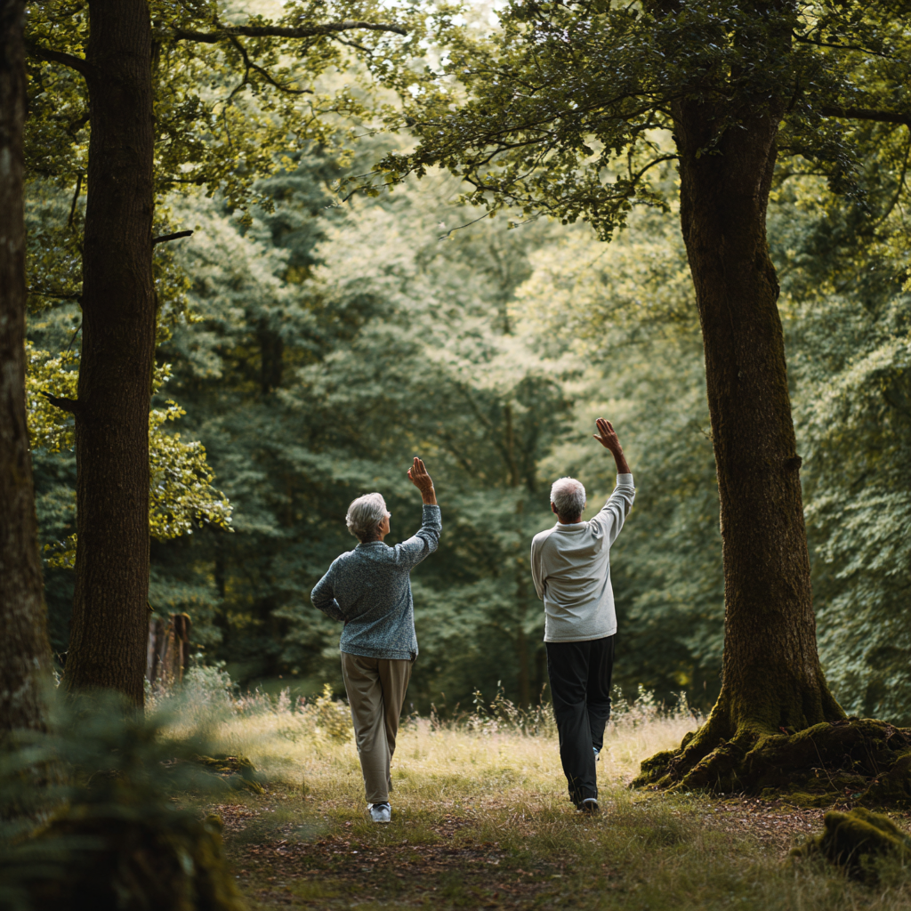 Older adults enjoying natural movement in a peaceful environment with trees and natural light